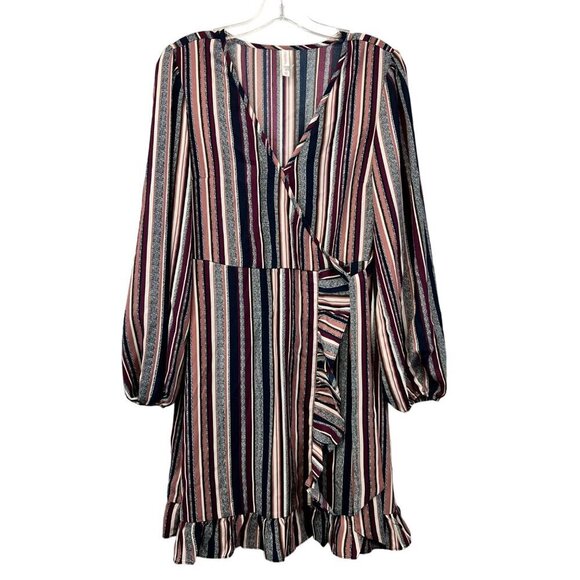 Xhilaration Womens Surplice Faux Wrap Dress Long Sleeve Ruffle Hem Striped Small - Picture 1 of 8